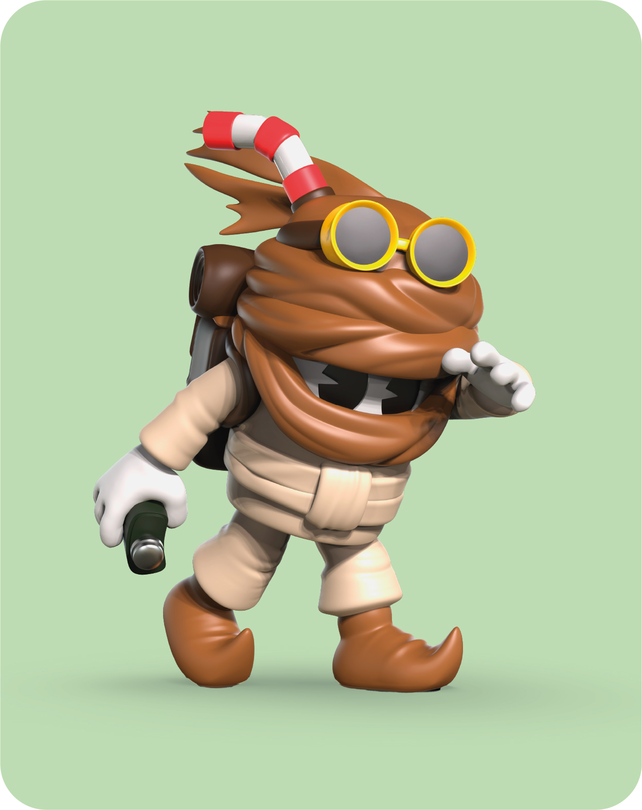Un personaje de momia de dibujos animados con gafas y mochila sostiene una botella verde.