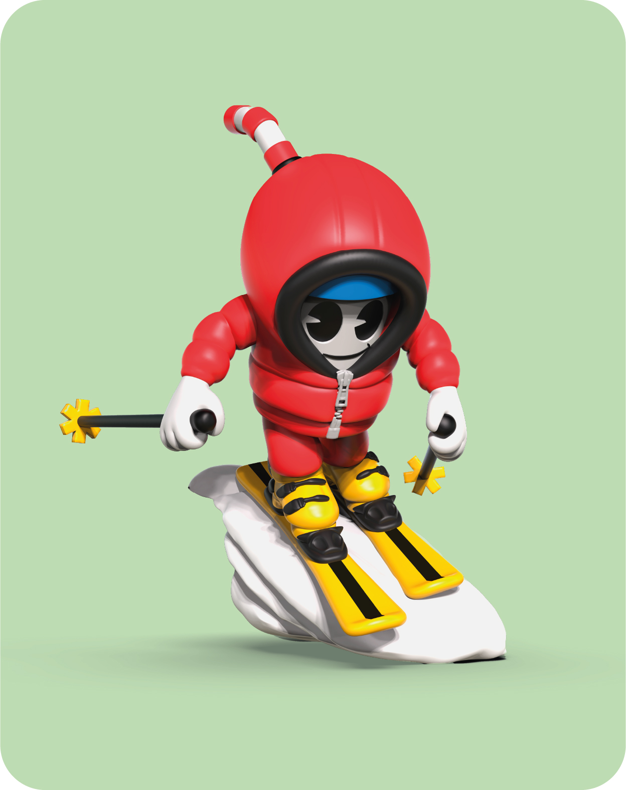 Personaje de dibujos animados con traje de esquí rojo esquía sobre nieve blanca con esquís amarillos.