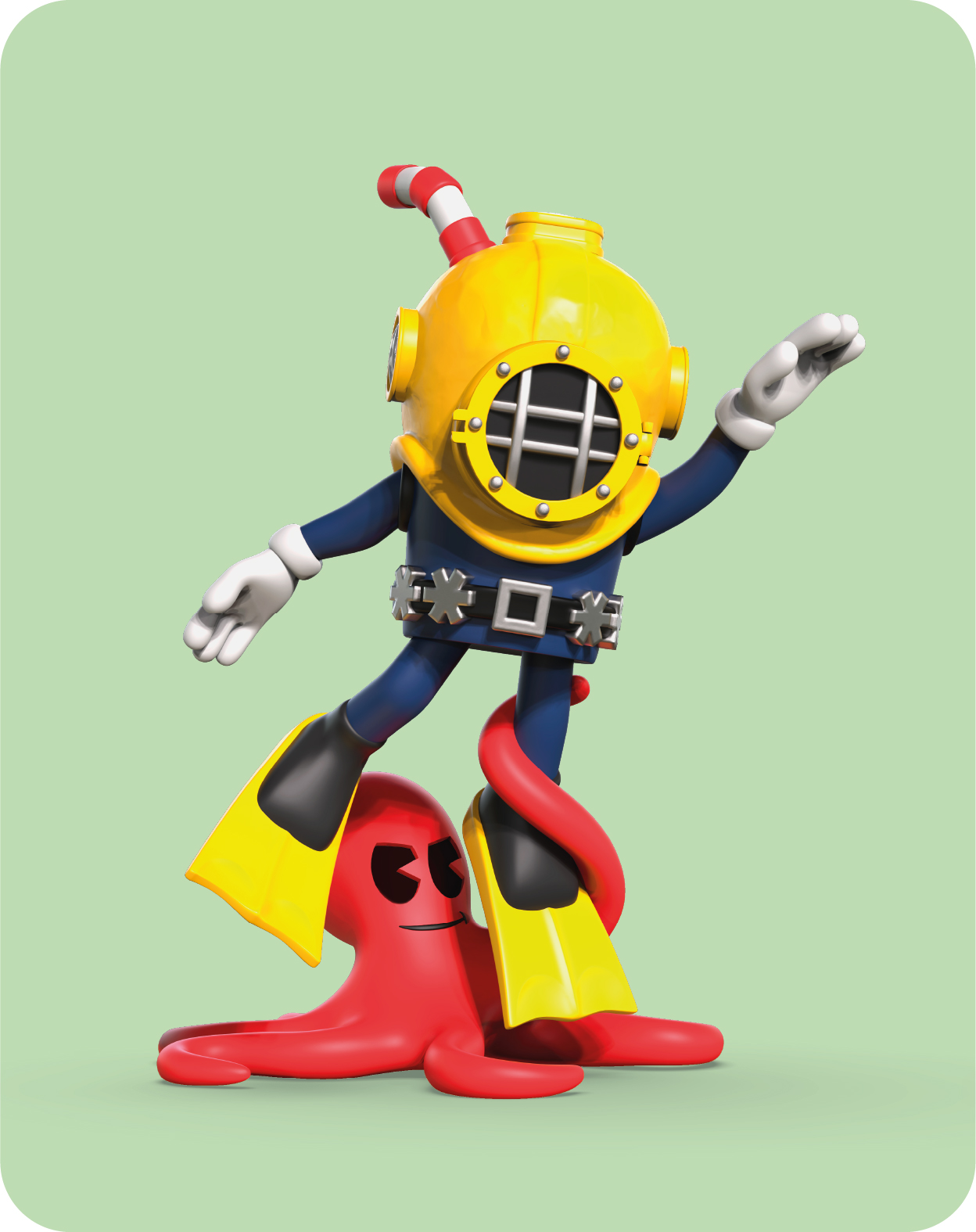 Un buzo con casco amarillo está sobre un pulpo rojo con aletas amarillas.