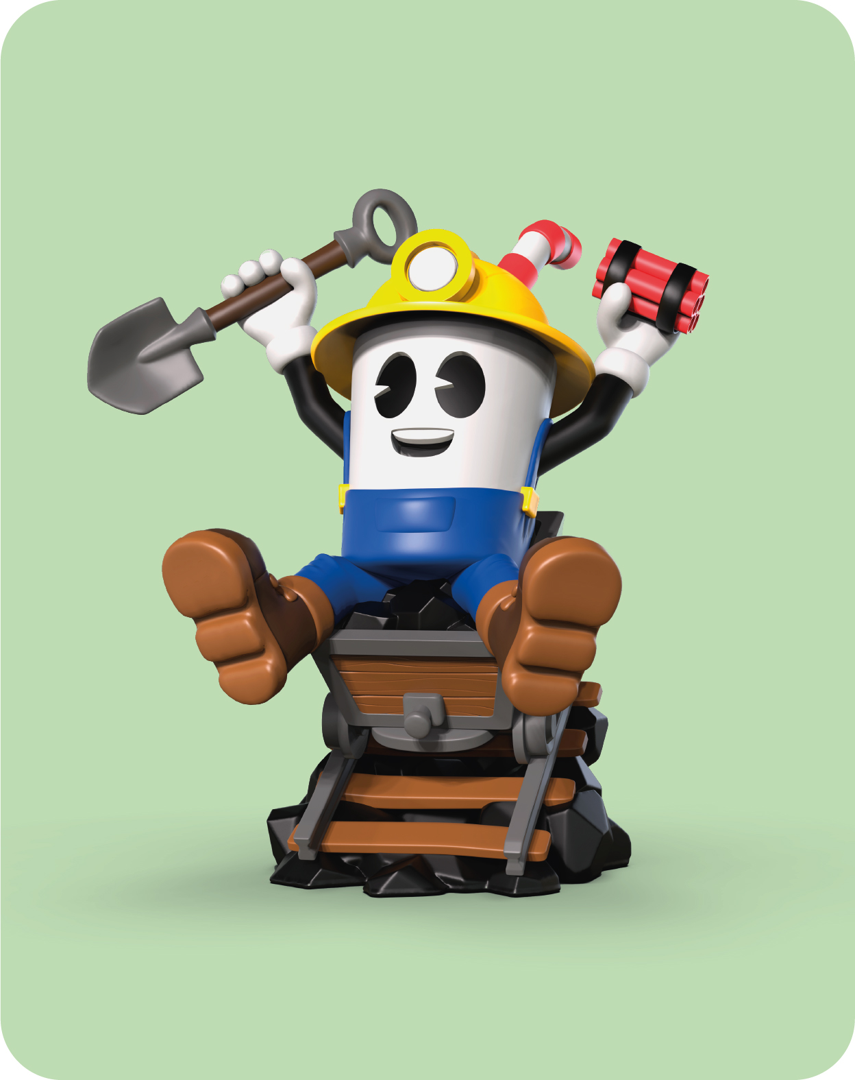 Un personaje con casco y overol se sienta en un vagoneta, sosteniendo pico y dinamita.