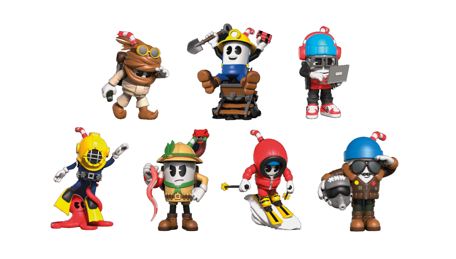 Siete figuras con varios disfraces: buzo, minero, gamer, explorador, esquiador, piloto.