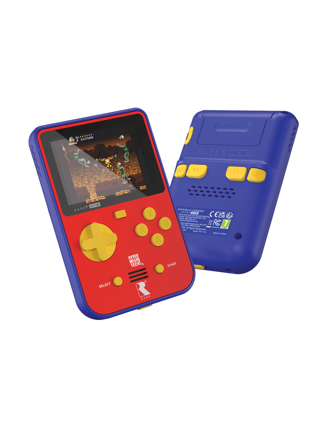 Una consola de videojuegos portátil roja y azul con botones amarillos y pantalla mostrando un juego.