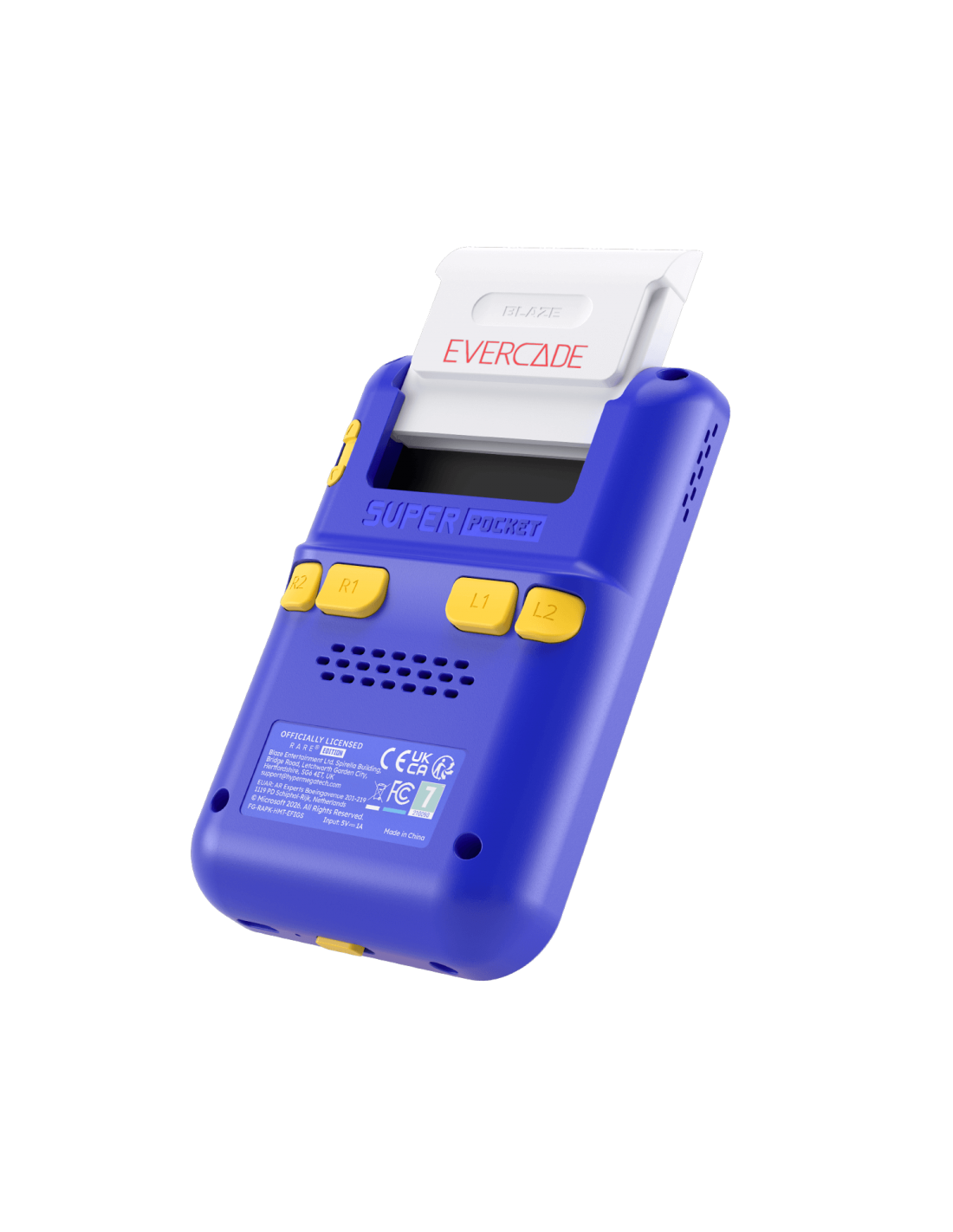 Un dispositivo de juego portátil azul con un cartucho de juego Evercade, botones amarillos y etiquetas.