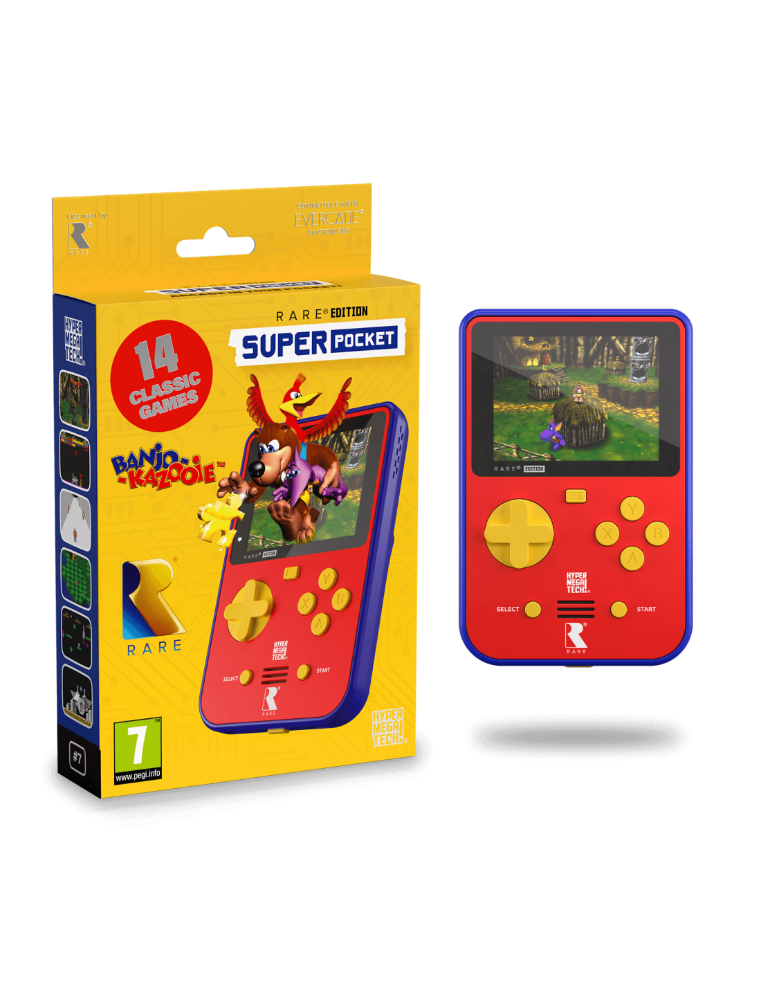 Consola portátil roja y azul con empaque de juego. Presenta Banjo-Kazooie.