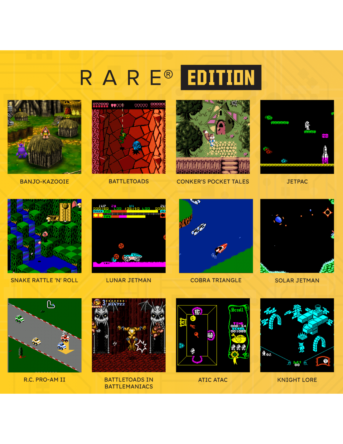 Collage de 12 capturas de pantalla de videojuegos retro titulada RARE EDITION.