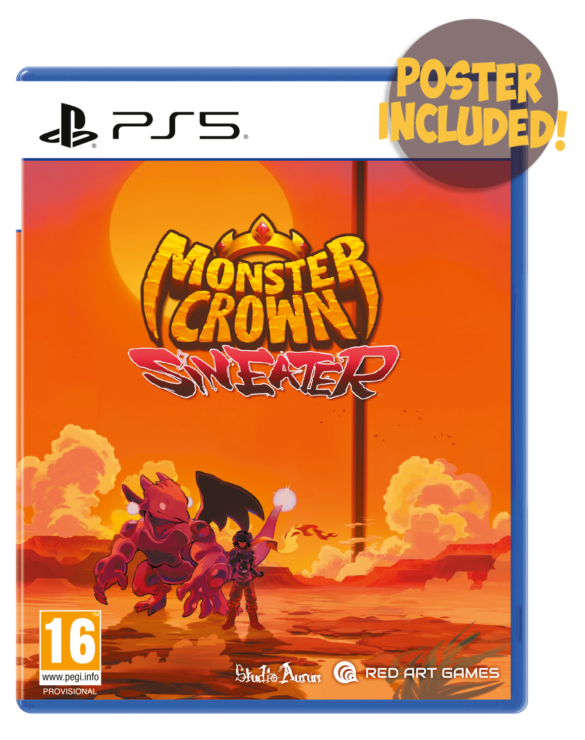 Portada de juego PS5: Un monstruo rojo y un entrenador en un paisaje desértico bajo un gran sol naranja.