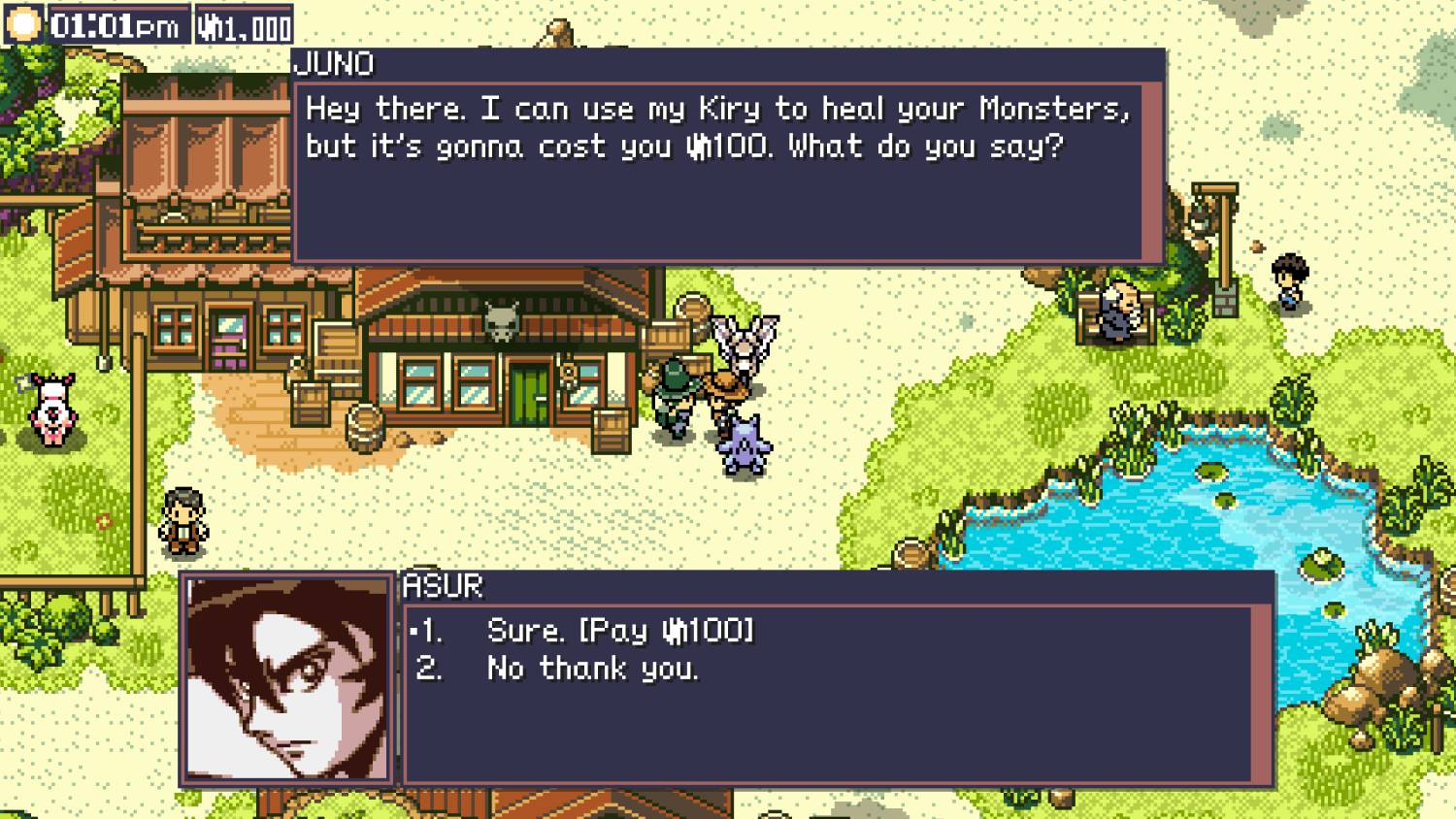 Escena de aldea de pixel art con personajes y cuadros de diálogo.
