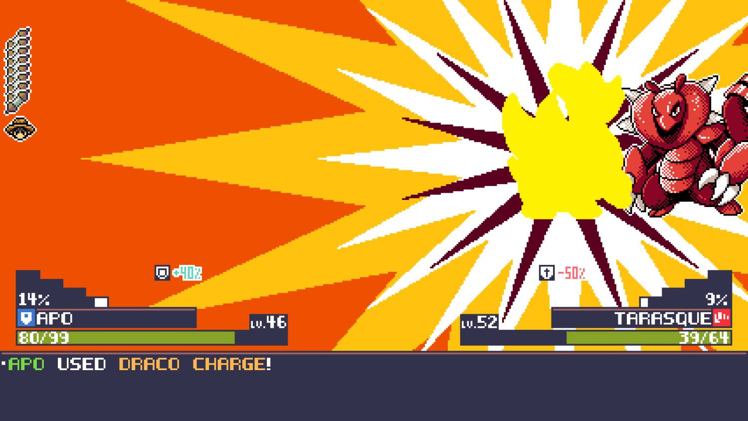 Pantalla de batalla pixel art: criatura roja ataca, explosión amarilla. APO vs TARASQUE.