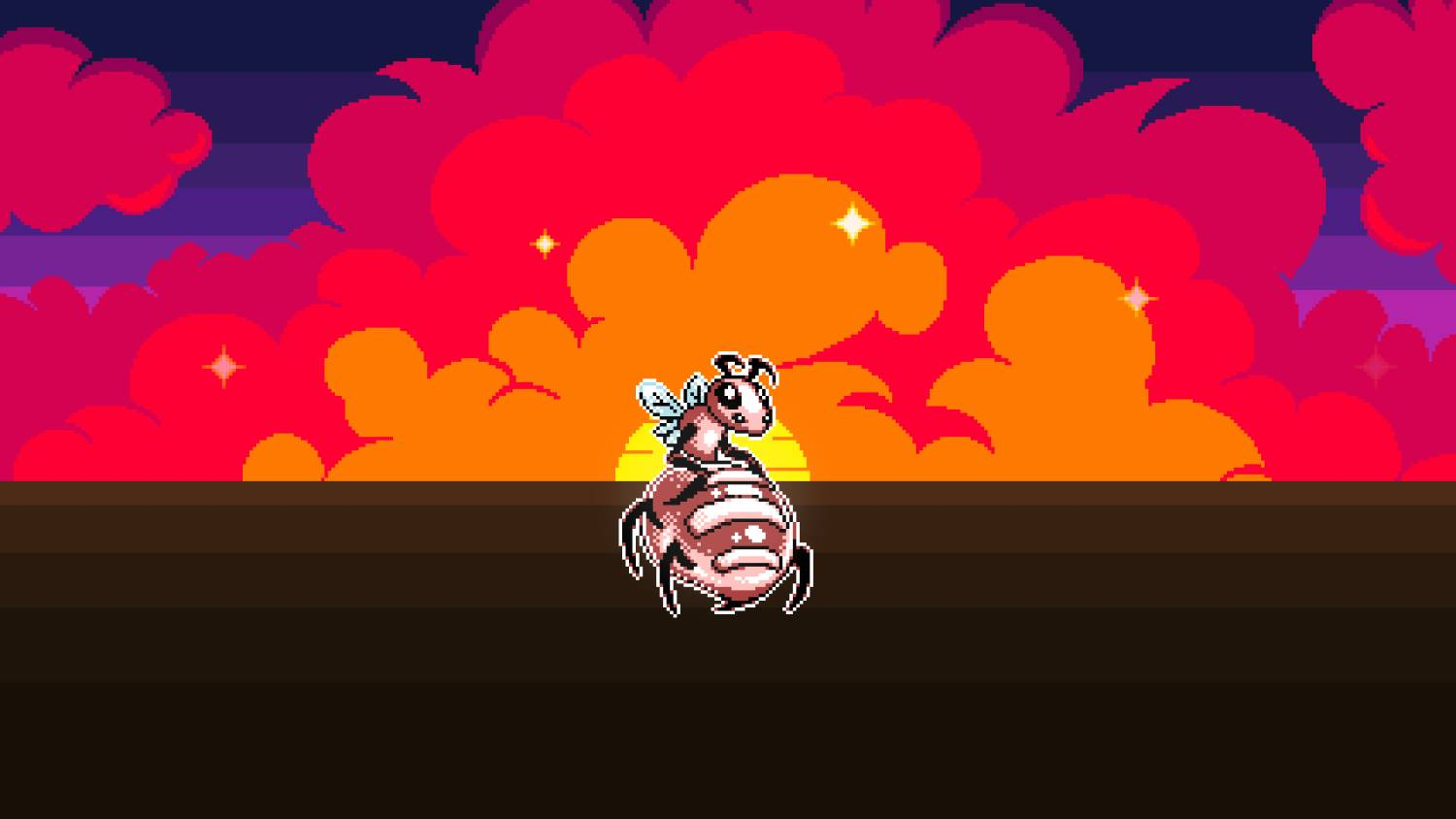 Abeja de pixel art sentada sobre una esfera ante un cielo dramático al atardecer.