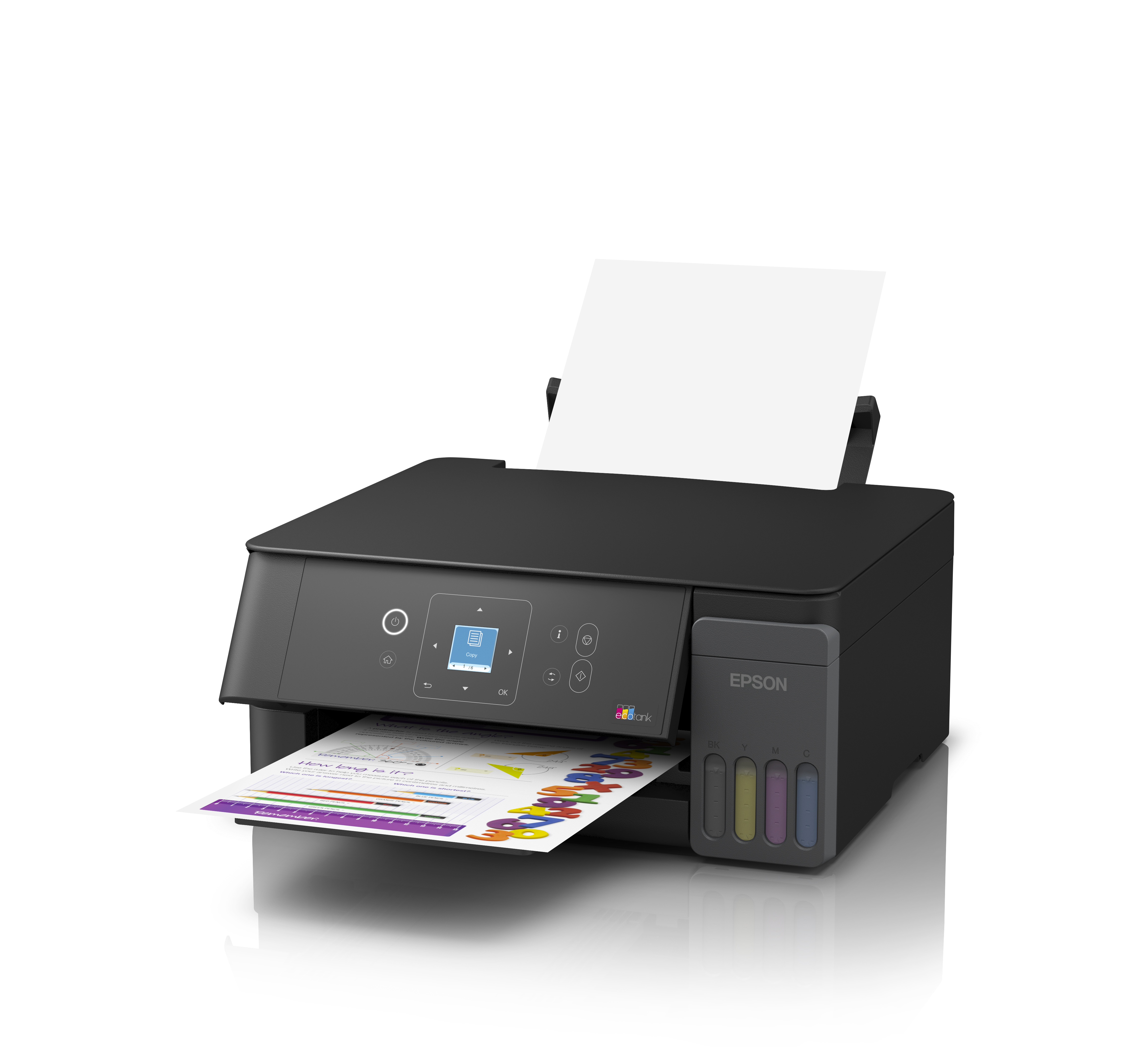 Mürekkep tanklı siyah Epson yazıcı ve basılı kağıt.