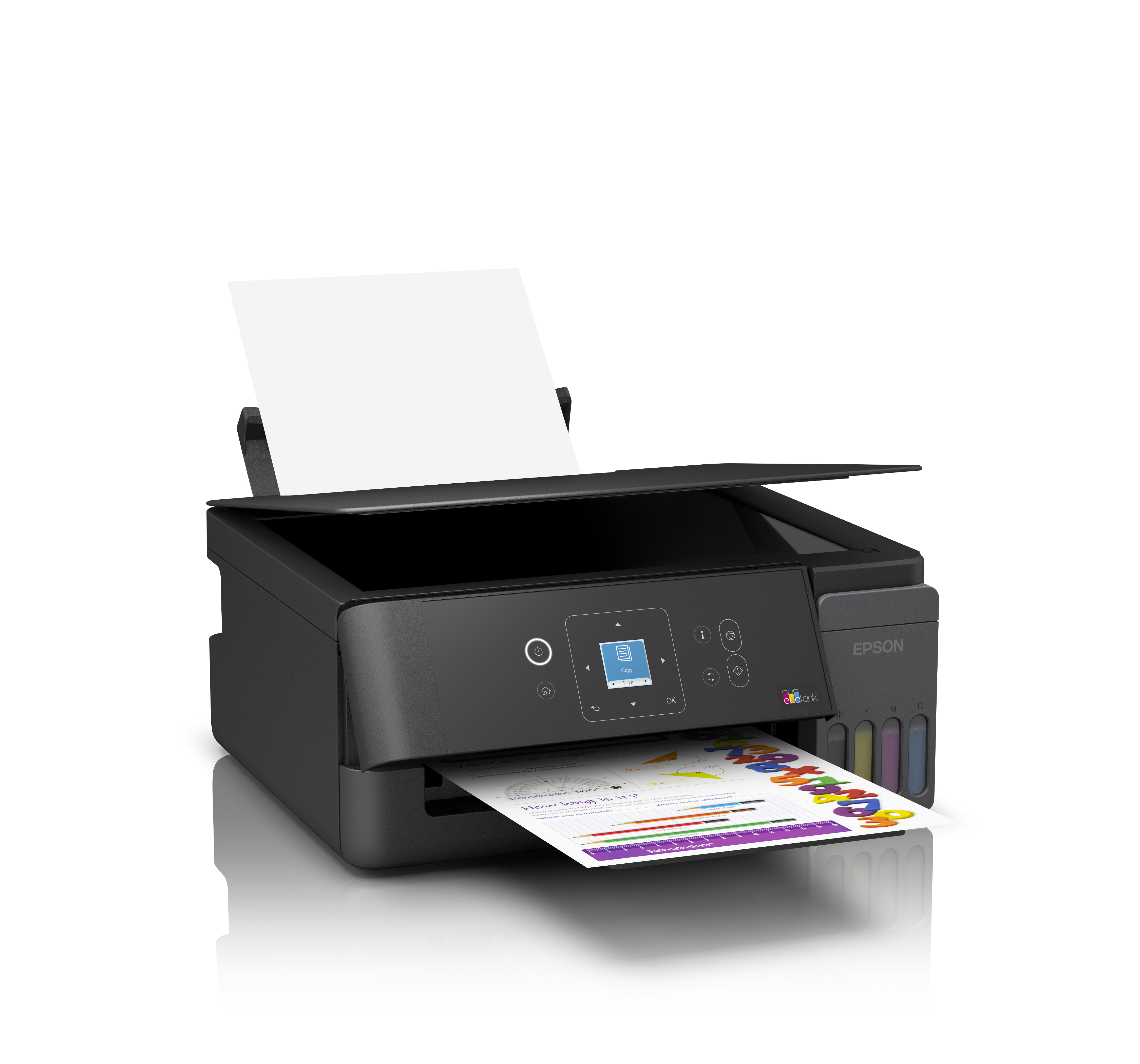 Renkli sayılar ve bir kağıt sayfası olan siyah bir Epson yazıcı.
