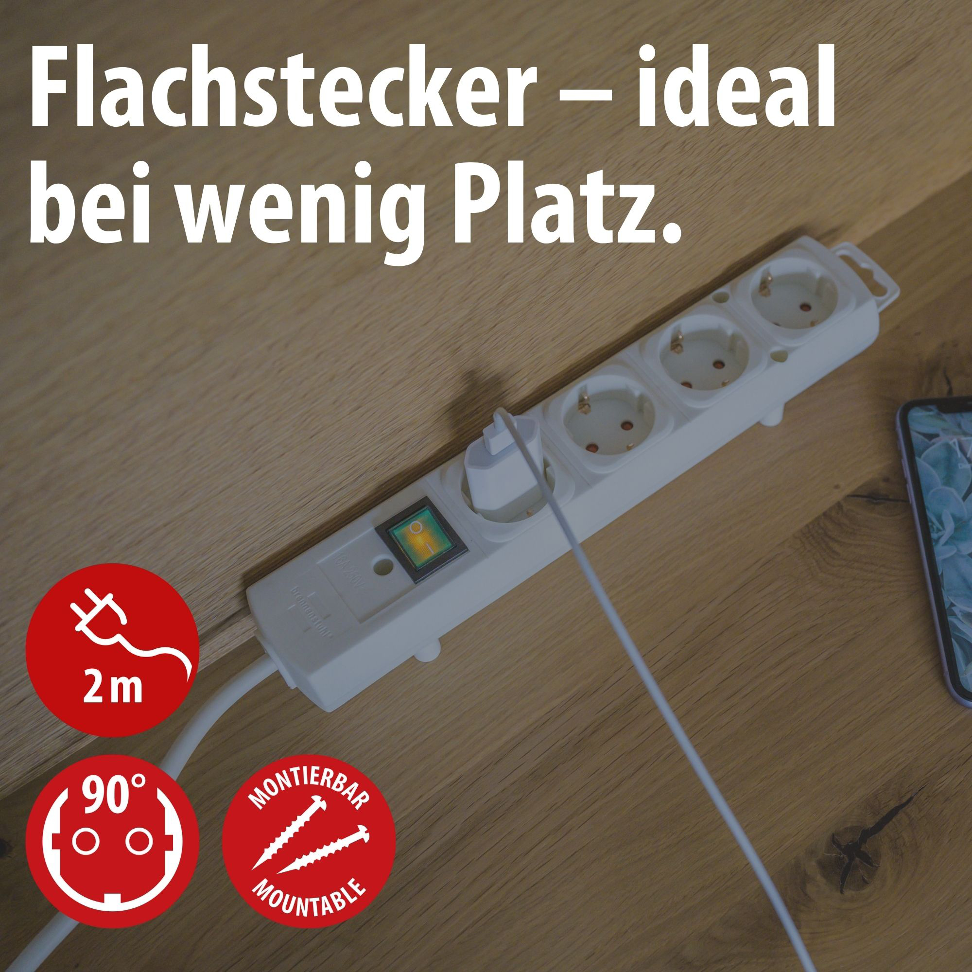 Flache Steckdosenleiste mit Schalter, 2m Kabel, 90° Winkel, montierbar.