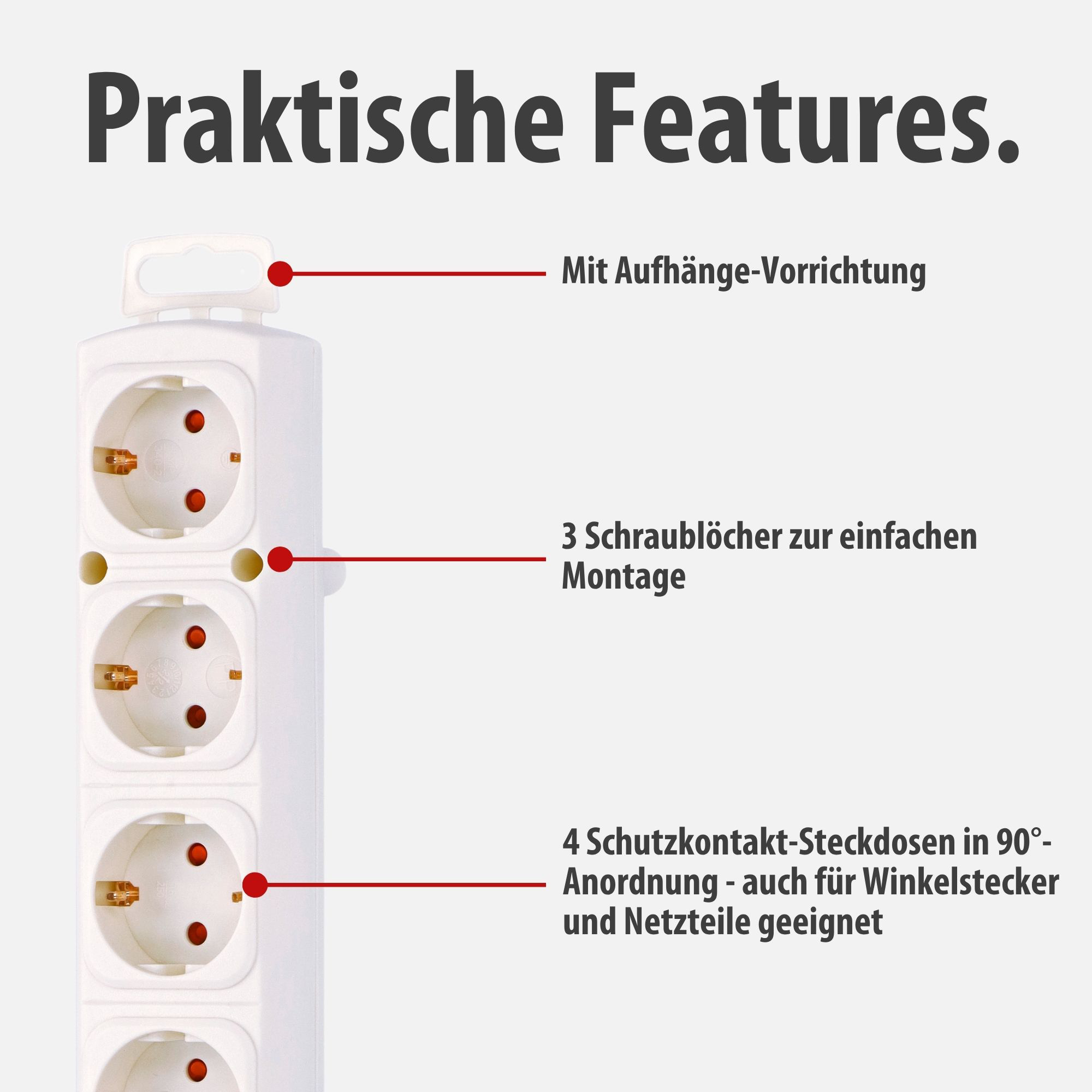Weiße Steckdosenleiste mit Aufhängung und Montagebohrungen.