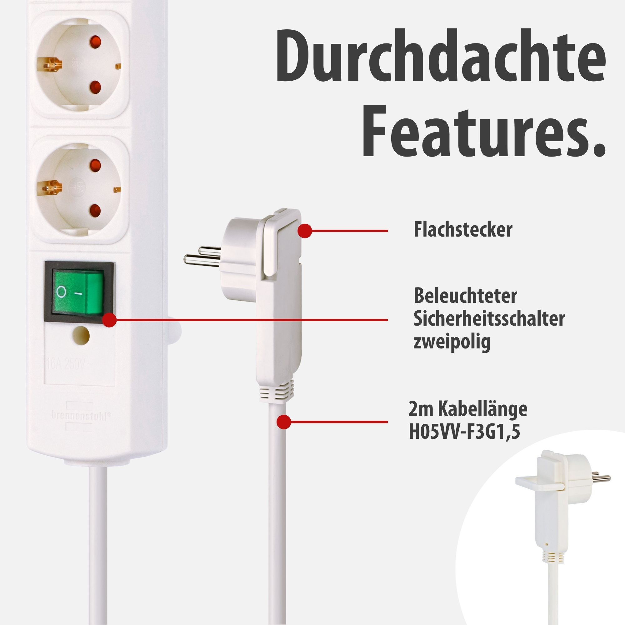 Weiße Steckdosenleiste mit grünem Schalter, Flachstecker und Kabel.
