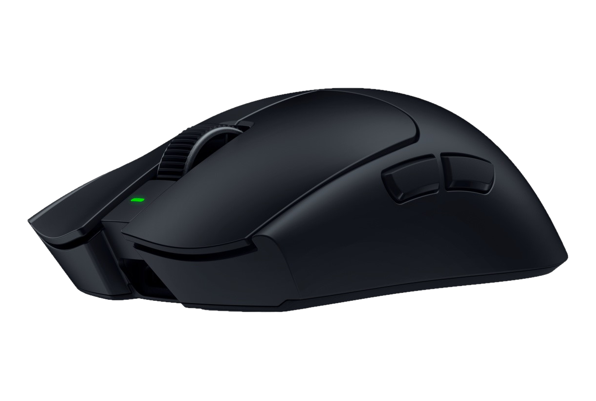 Un mouse da gaming nero con una luce verde su sfondo nero.