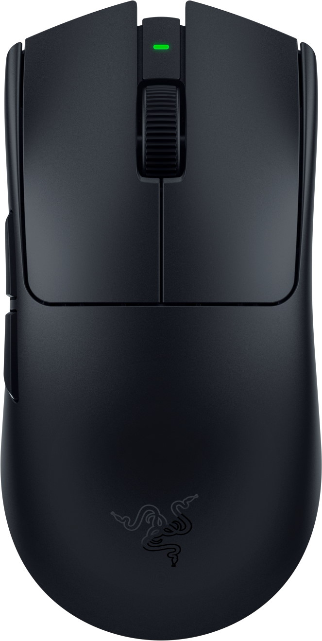 Mouse nero con rotella e luce verde, logo Razer in basso.