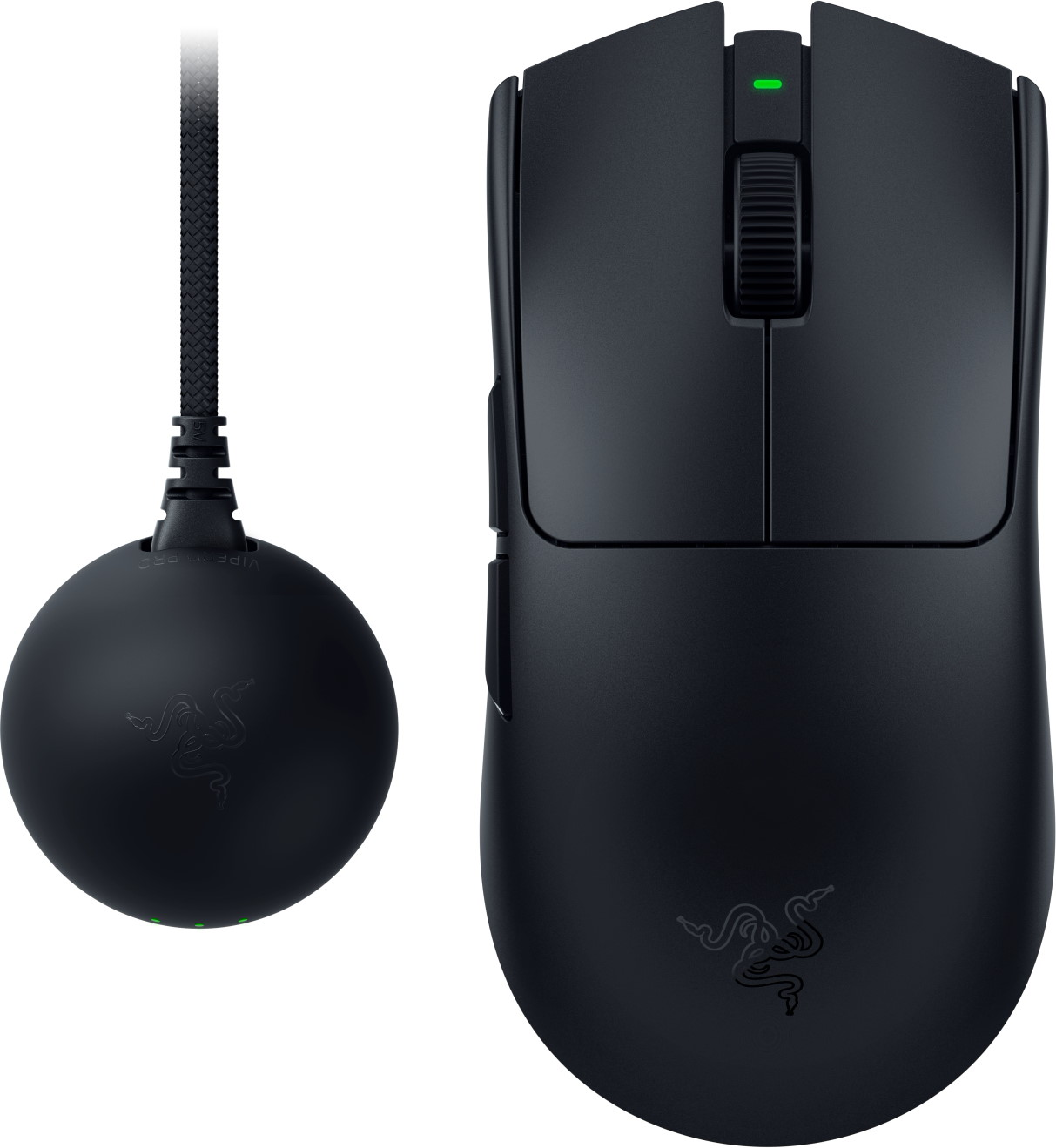 Mouse gaming nero con cavo e stazione di ricarica/docking.