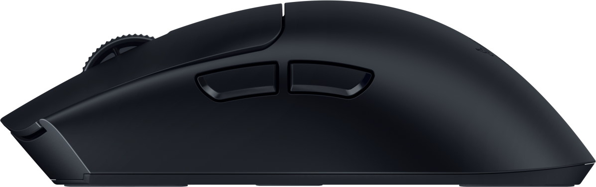 Un mouse per computer nero con rotellina di scorrimento e due pulsanti laterali.