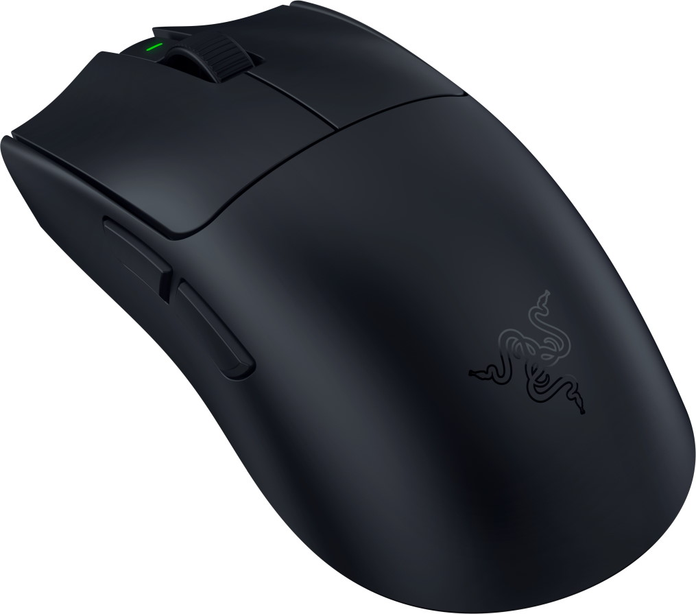 Mouse gaming Razer nero con rotella illuminata e pulsanti laterali.