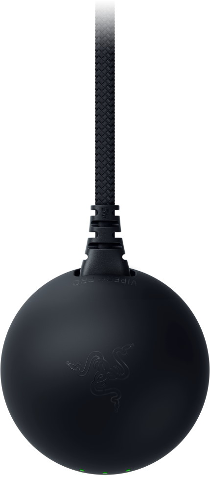 Adattatore nero e rotondo con logo Razer e cavo intrecciato.