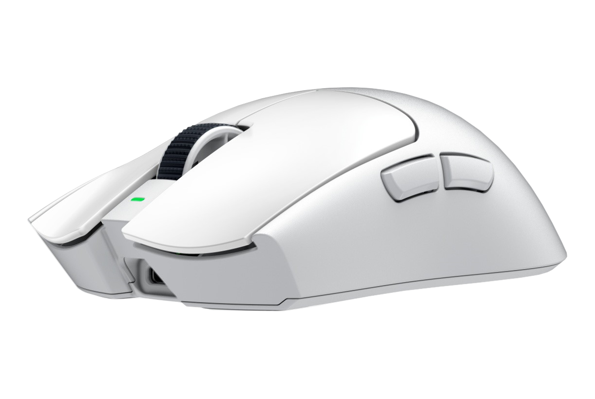 Un mouse gaming wireless bianco con rotellina e pulsanti laterali.