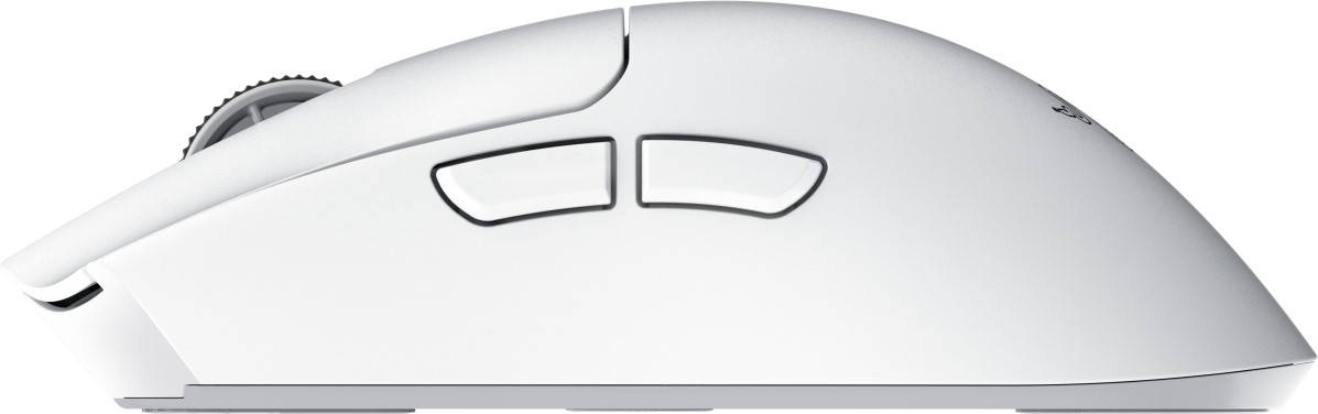 Mouse bianco da gaming con rotellina testurizzata e due pulsanti laterali.