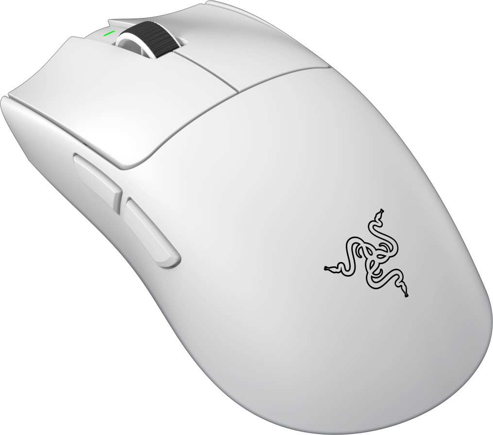 Un mouse gaming bianco con rotellina nera e logo Razer.