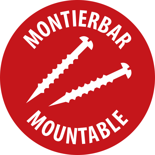 Roter Kreis mit zwei weißen Schrauben und Text 'MONTIERBAR MOUNTABLE'.