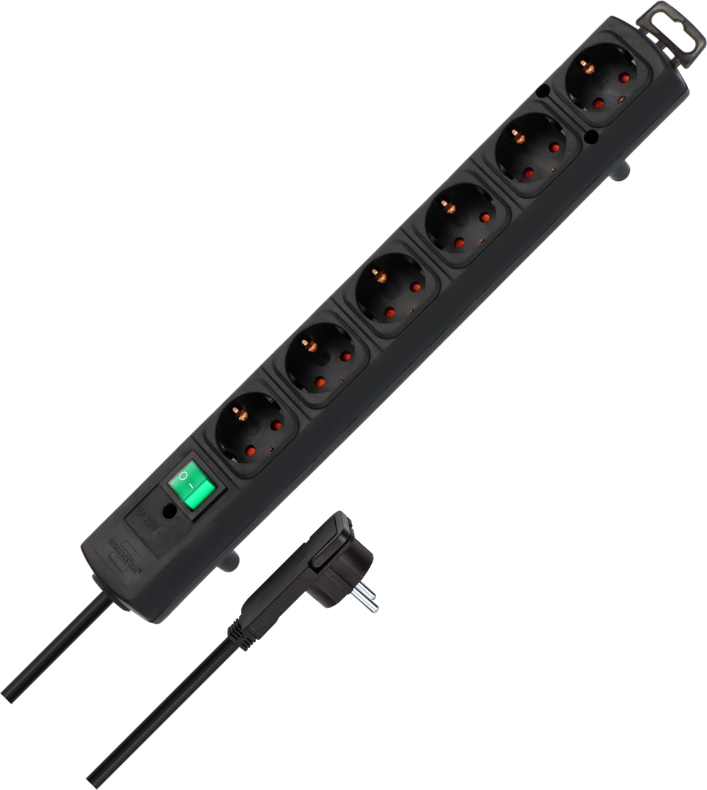 Schwarze Steckdosenleiste mit 6 Steckplätzen und grünem Schalter, mit Stecker.