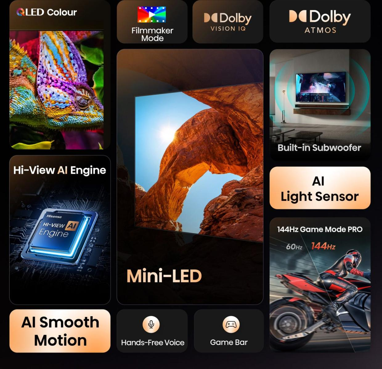 Ein Fernseher mit Mini-LED-Technologie, QLED-Farbe, Dolby Vision IQ und Atmos.