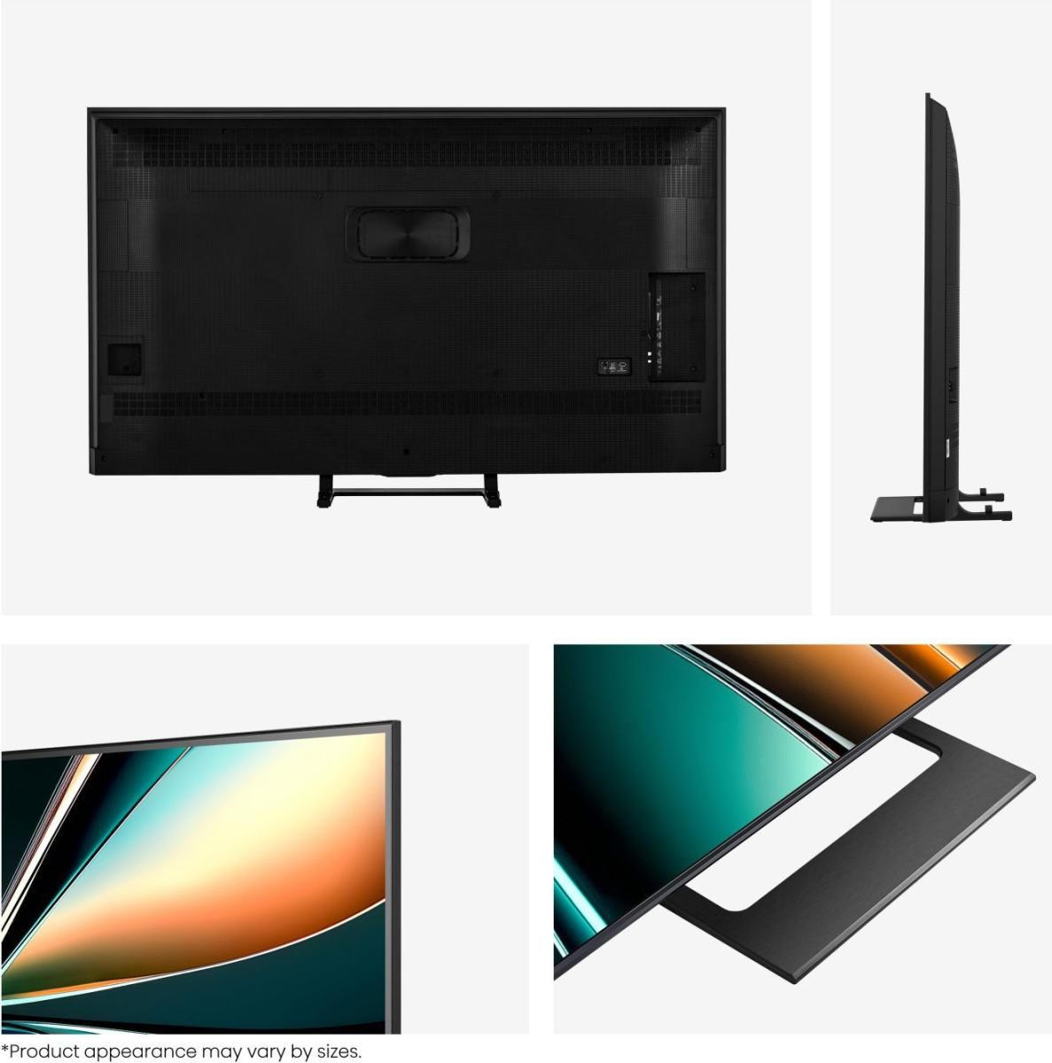 Rückseite und Seitenansicht eines schwarzen Fernsehers mit Standfuß und Nahaufnahmen.