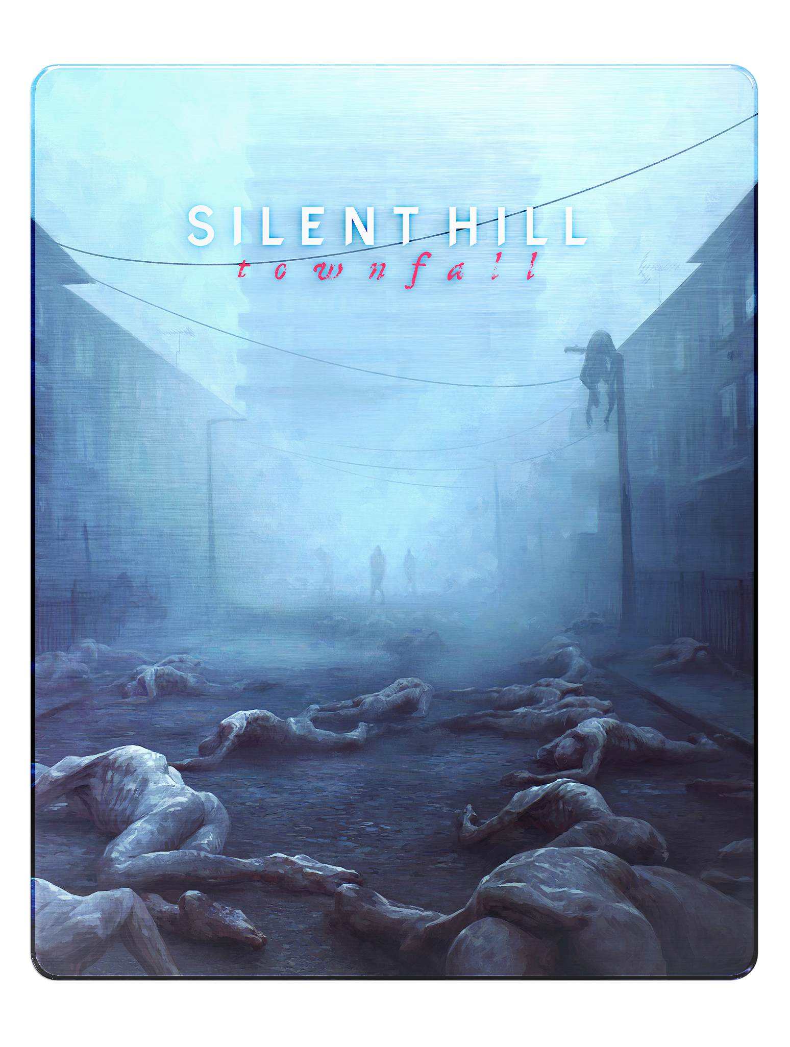 Silent Hill: Townfall. Eine neblige Straße voller Leichen. Gestalten in der Ferne.