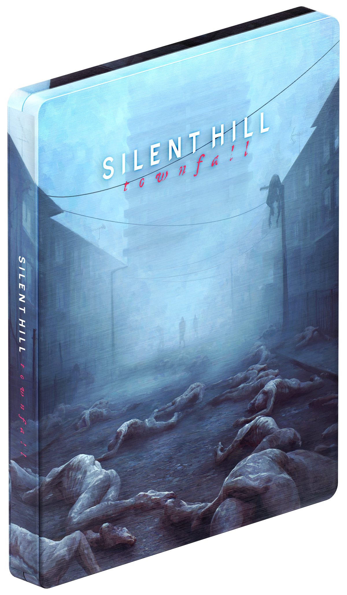 Silent Hill: Townfall-Cover: Tote liegen auf einer Straße, Nebel, Gebäude.