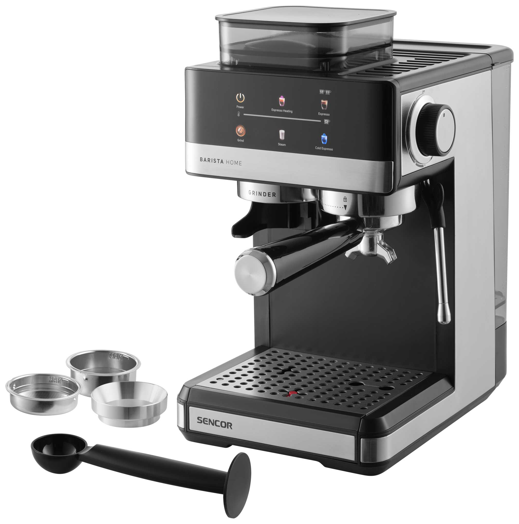 Ezüst és fekete Sencor Barista Home eszpresszógép darálóval és tartozékokkal.