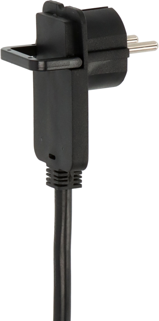 Ein schwarzer Stecker mit zwei Metallstiften und einem Kabelanschluss.