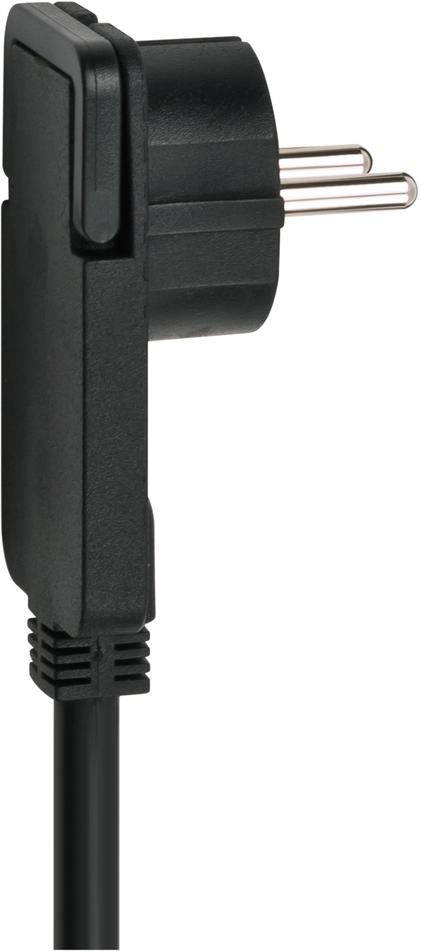 Schwarzer Stecker mit zwei silbernen Pins und einem Kabelanschluss.