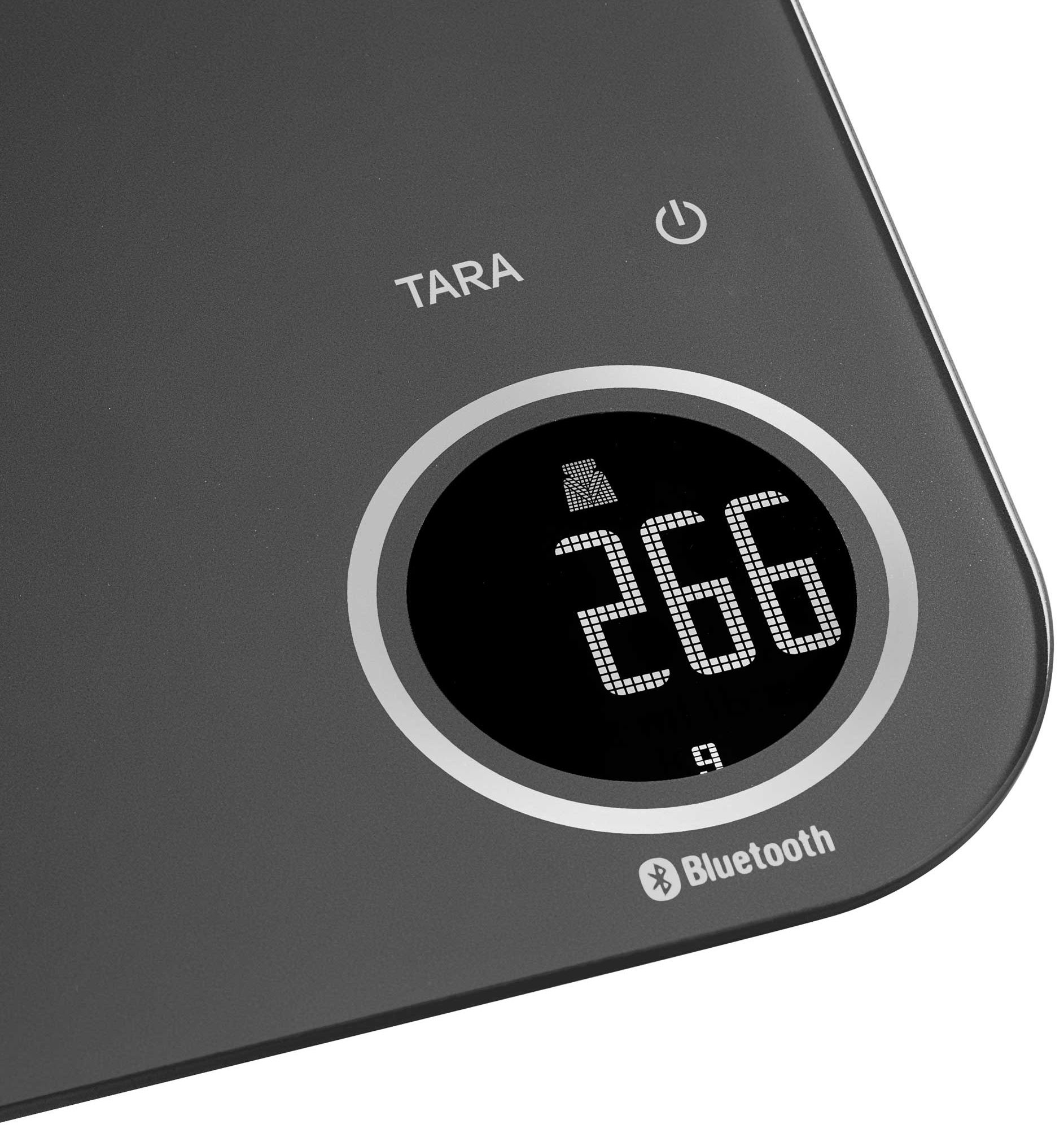 Szürke digitális mérleg 266g-ot mutat, Bluetooth szimbólummal.