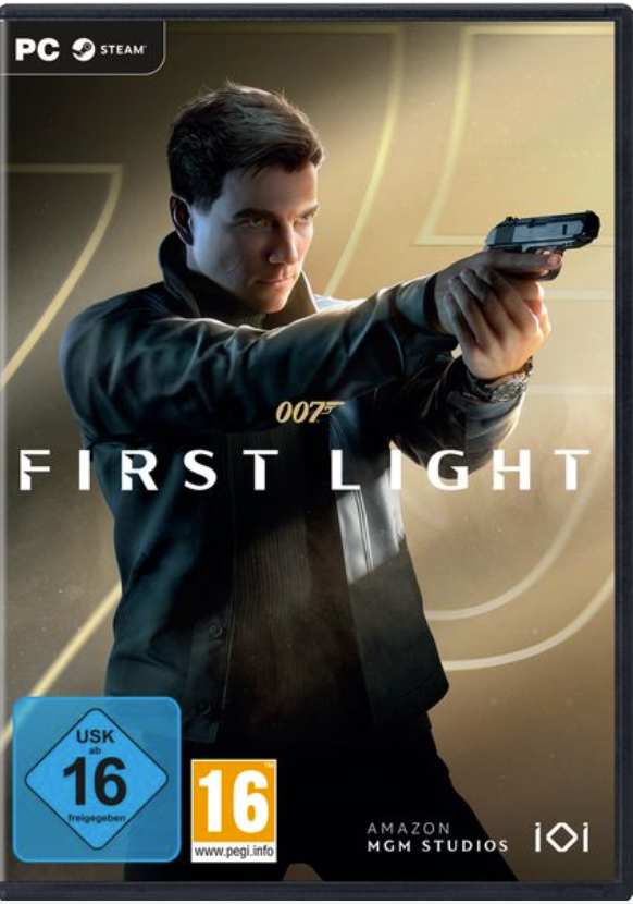 Ein Mann im schwarzen Mantel zielt mit einer Waffe. Text: '007 FIRST LIGHT'.