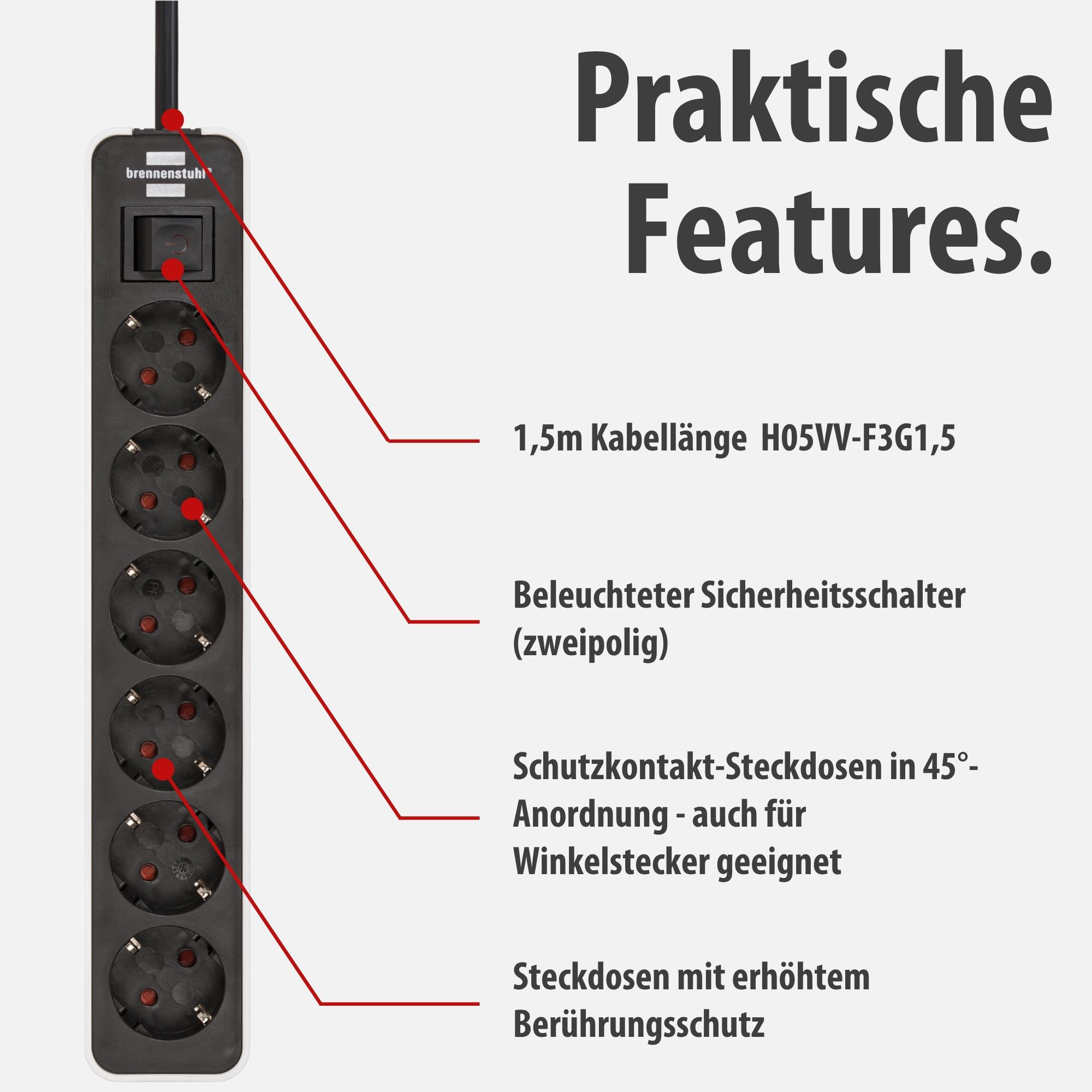 Schwarze Steckdosenleiste mit 6 Steckplätzen, Schalter und Kabel.