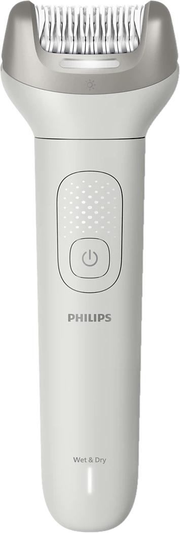 Un epilatore Philips bianco con testina e controlli argentati.