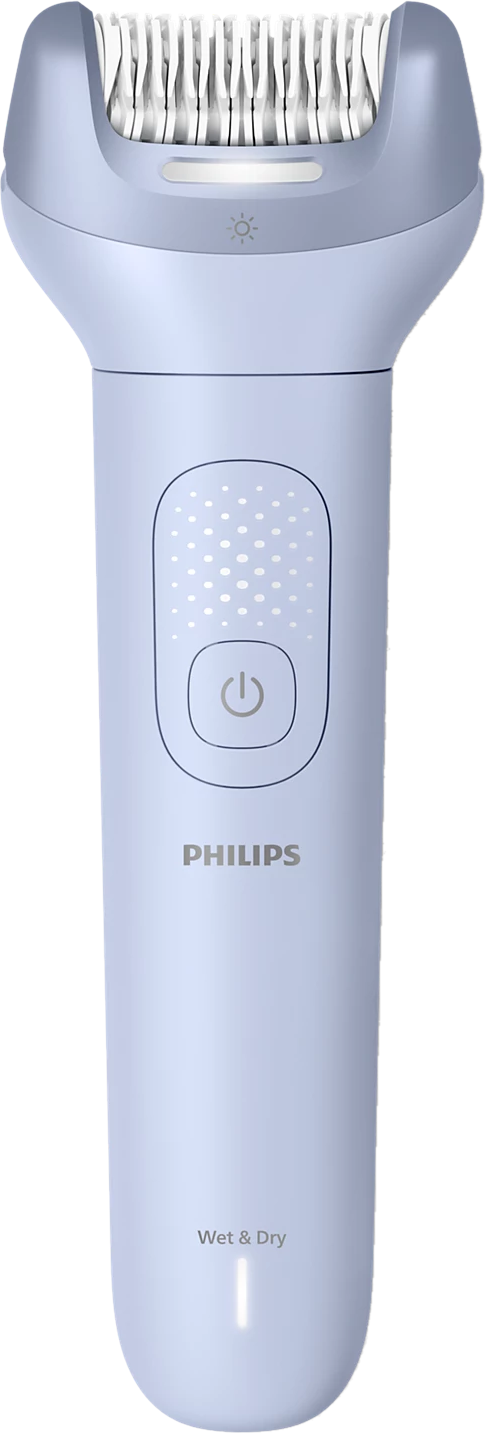 Un epilatore Philips blu con pulsante on/off e indicatore Wet & Dry.