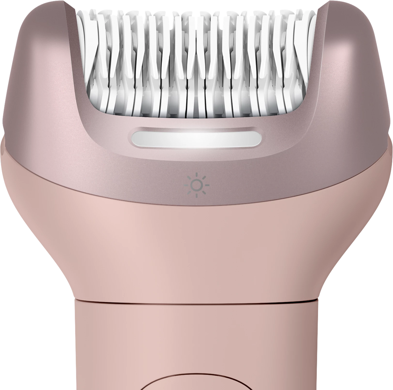 Un epilatore color oro rosa con pinzette bianche e barra luminosa.