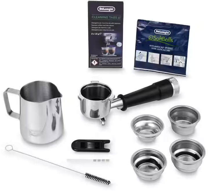 Accessoires machine à expresso DeLonghi : tablettes nettoyantes, détartrant, porte-filtre, pichet, brosse, paniers.
