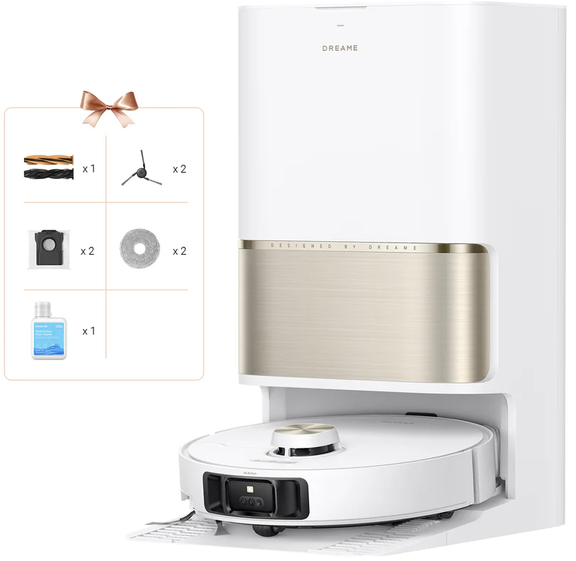Aspirateur robot Dreame blanc avec accessoires : brosses, sacs, serpillières et solution nettoyante.