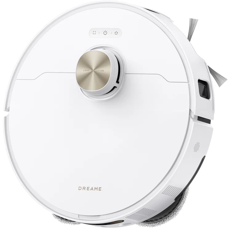 Un aspirateur robot blanc avec un module de navigation argenté et des brosses.
