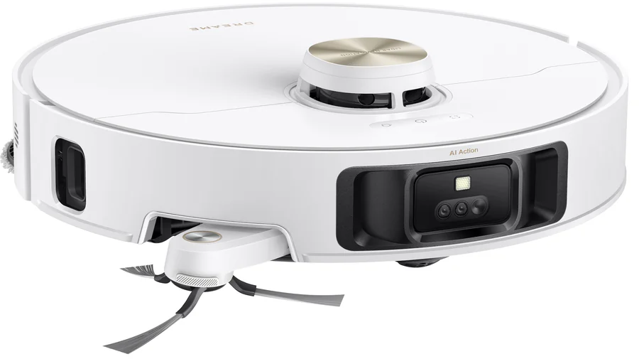 Un aspirateur robot blanc avec un bouton doré sur le dessus et des caméras à l'avant.