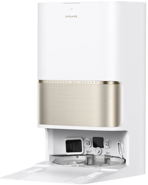 Un aspirateur Dreame blanc avec un accent doré et des contacts de charge ouverts.
