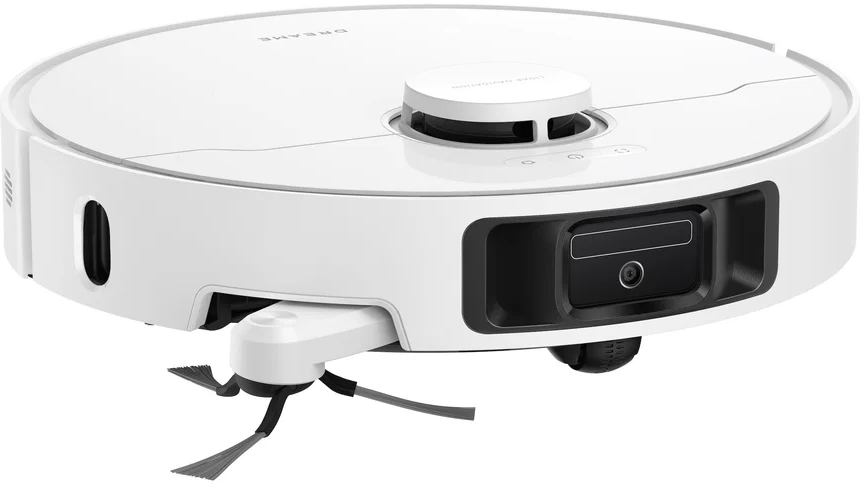 Un aspirateur robot blanc avec deux brosses à l'avant et une caméra.