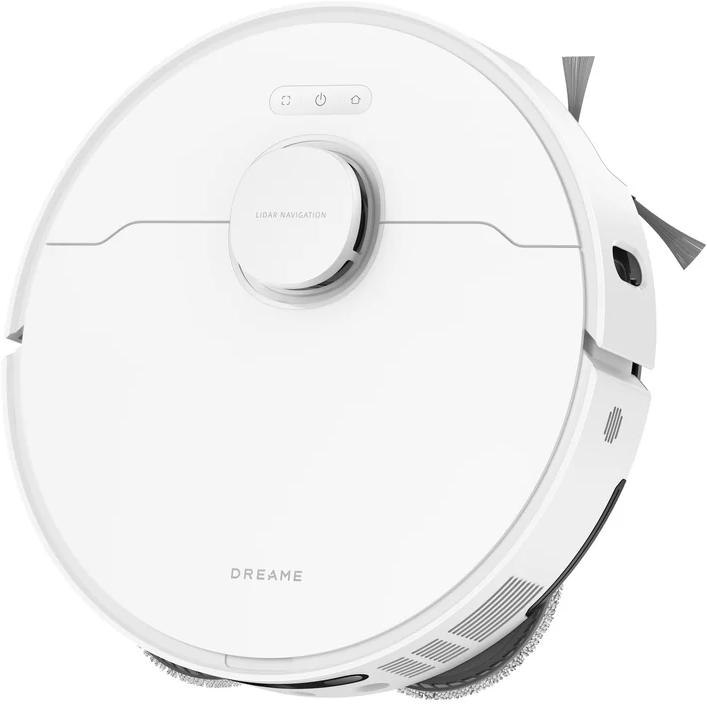 Un aspirateur robot blanc avec navigation lidar et brosses.