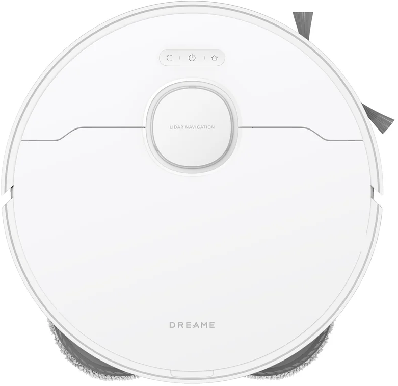 Un aspirateur robot blanc avec navigation lidar et brosses latérales.